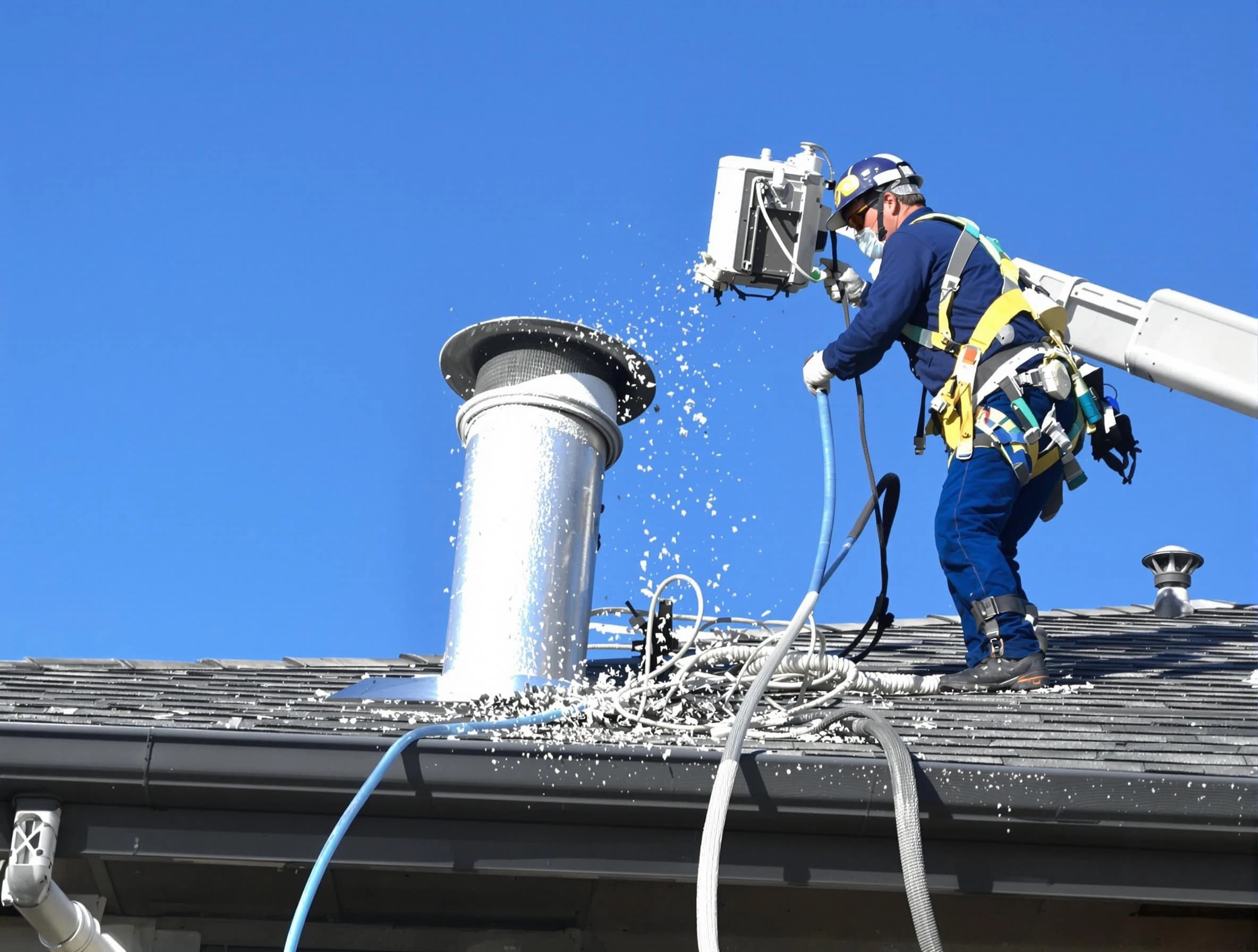 Pinson Dryer Vent Cleaning certified technician safely cleaning a roof-mounted dryer vent in Pinson