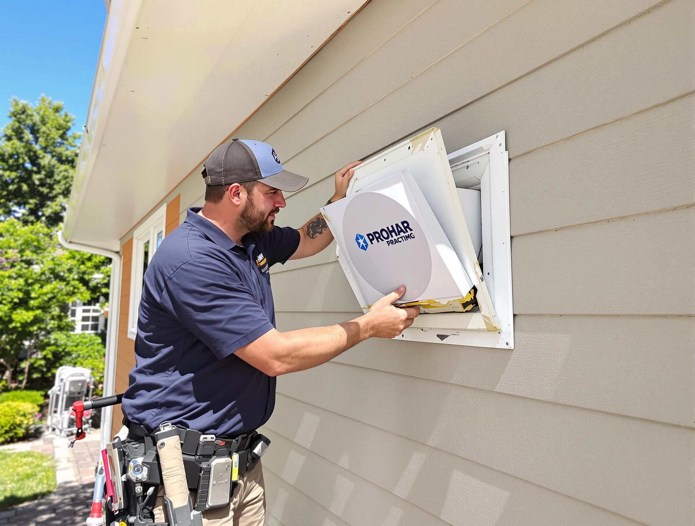 Pinson Dryer Vent Cleaning technician installing a new protective dryer vent cover on a home in Pinson